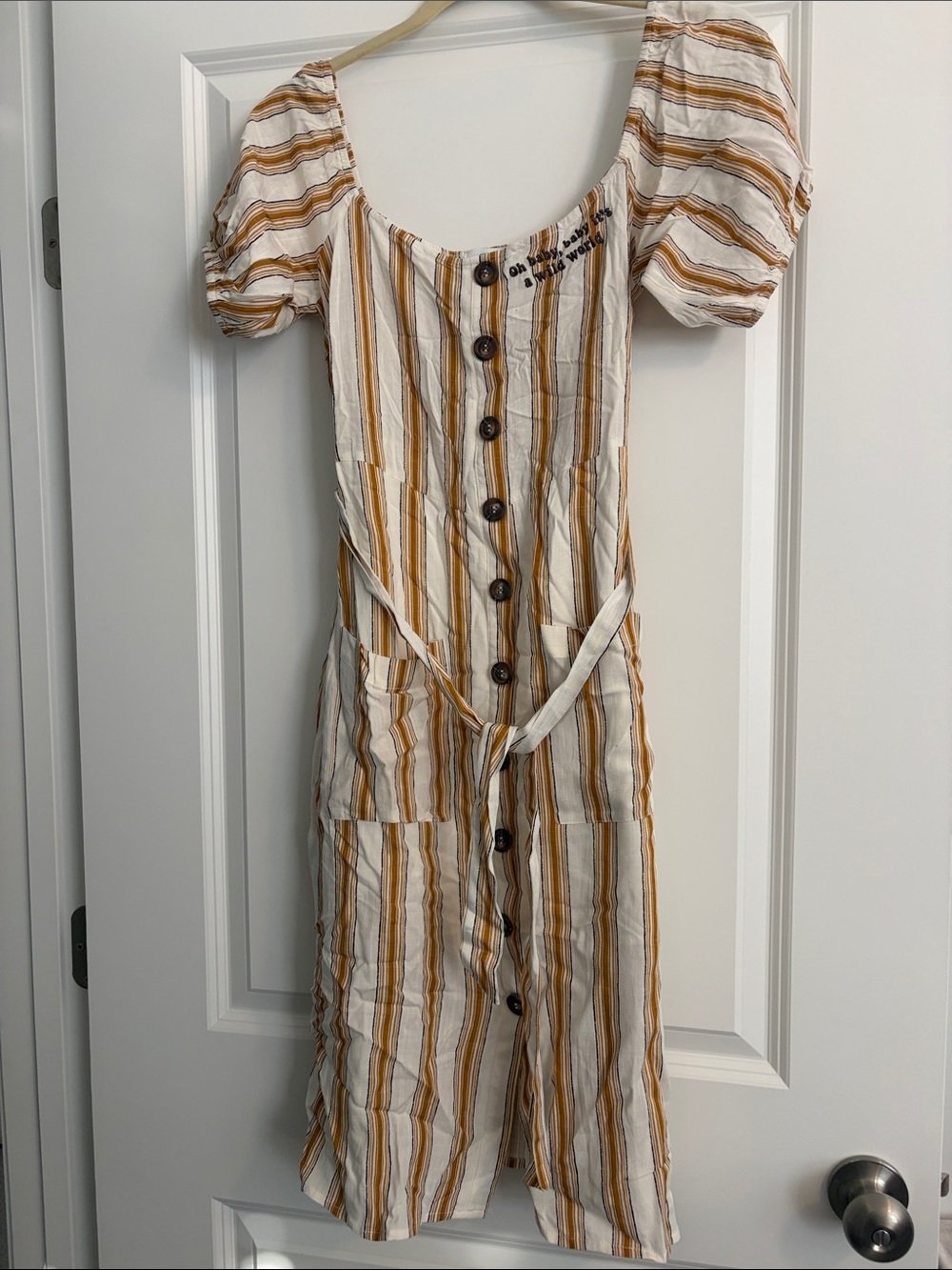 Striped Button-Front Midi Dress in Cream and Mustard
